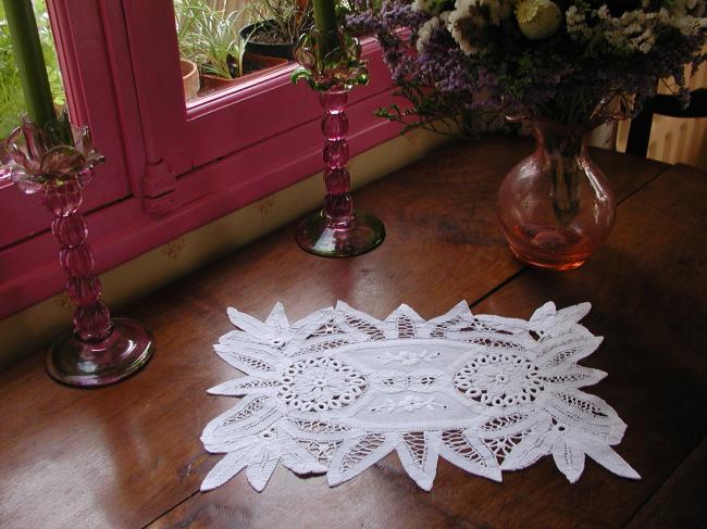 So pretty oblong  doily with Battenburg Tape lace and white works