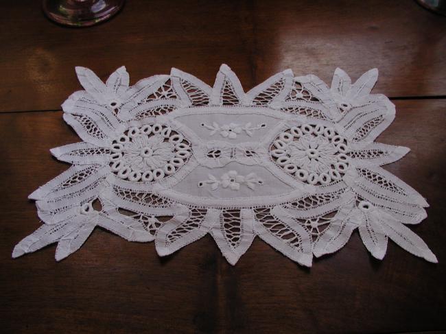 So pretty oblong  doily with Battenburg Tape lace and white works