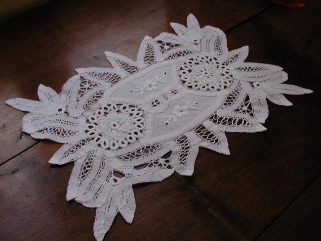 So pretty oblong  doily with Battenburg Tape lace and white works