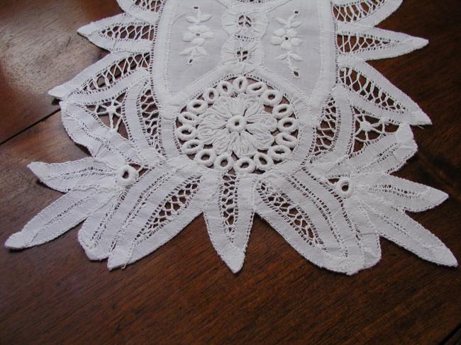 So pretty oblong  doily with Battenburg Tape lace and white works