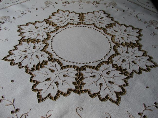 Stunning Madeira tablecloth with gorgeous Richelieu works depicting vine leaves