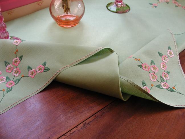 Romantic green tablecloth with pink embroidered flowers