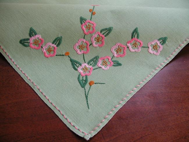 Romantic green tablecloth with pink embroidered flowers