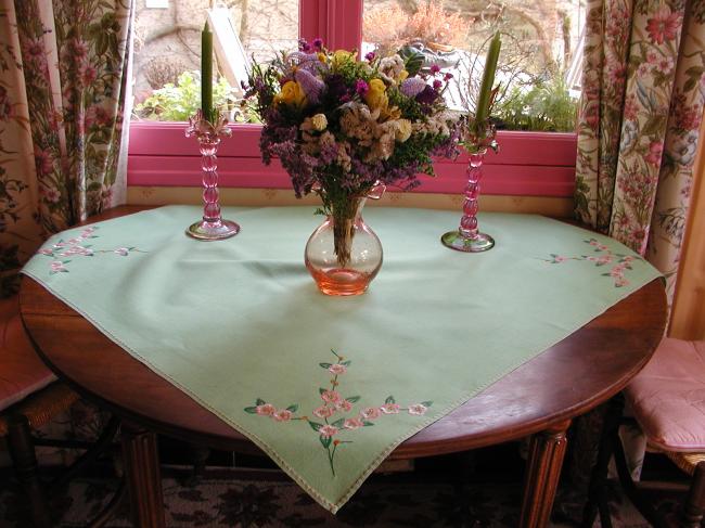 Romantic green tablecloth with pink embroidered flowers