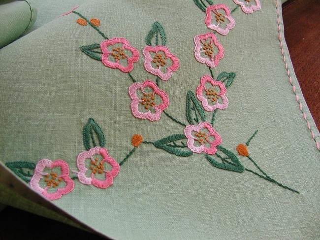 Romantic green tablecloth with pink embroidered flowers