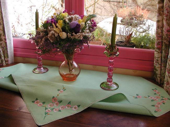 Romantic green tablecloth with pink embroidered flowers