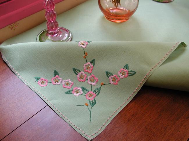 Romantic green tablecloth with pink embroidered flowers