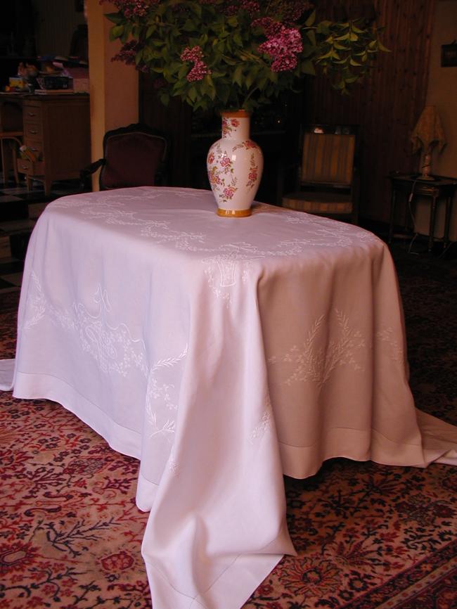 Spectacular Irish linen large embroidered banquet tablecloth 1900