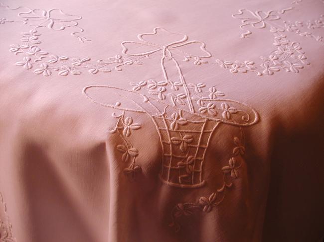 Spectacular Irish linen large embroidered banquet tablecloth 1900