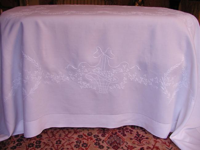 Spectacular Irish linen large embroidered banquet tablecloth 1900