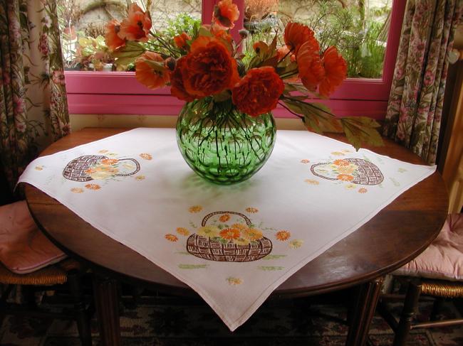 Charming tablecloth with hand made embroidered baskets of flowers