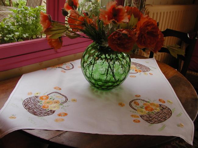 Charming tablecloth with hand made embroidered baskets of flowers