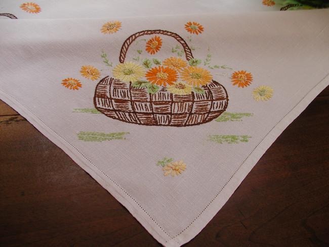 Charming tablecloth with hand made embroidered baskets of flowers