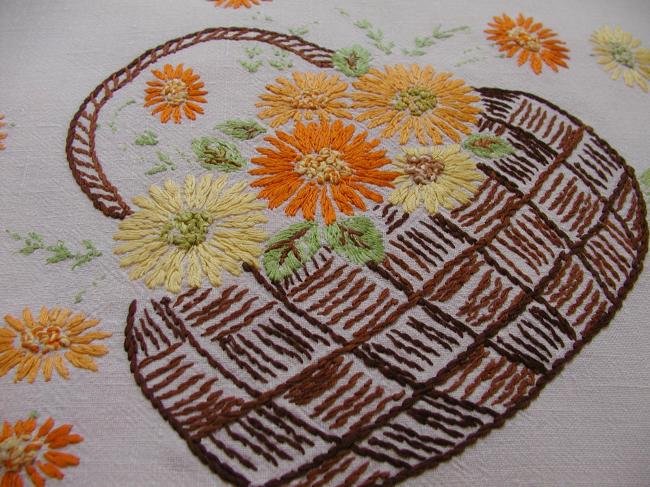 Charming tablecloth with hand made embroidered baskets of flowers