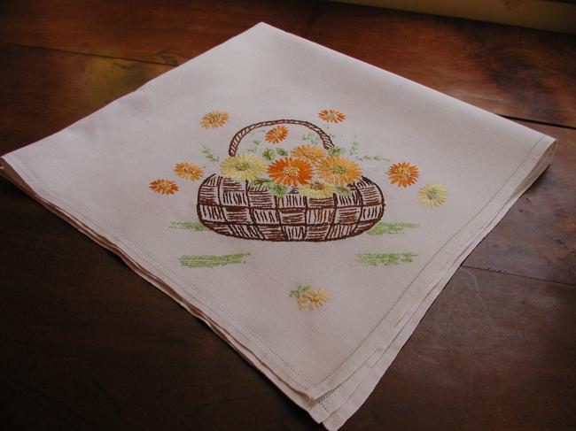 Charming tablecloth with hand made embroidered baskets of flowers