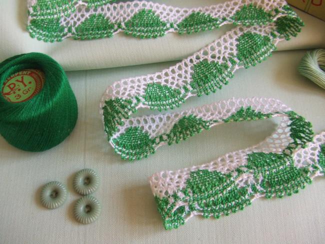 Charmante dentelle bicolore vert & blanc en coton à feston en 23mm
