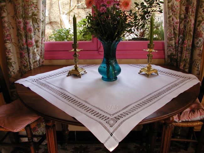 Wonderful drawn thread works tablecloth with a floral monogram H