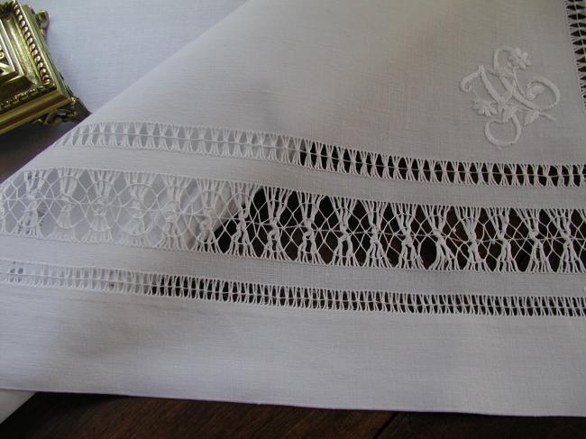 Wonderful drawn thread works tablecloth with a floral monogram H