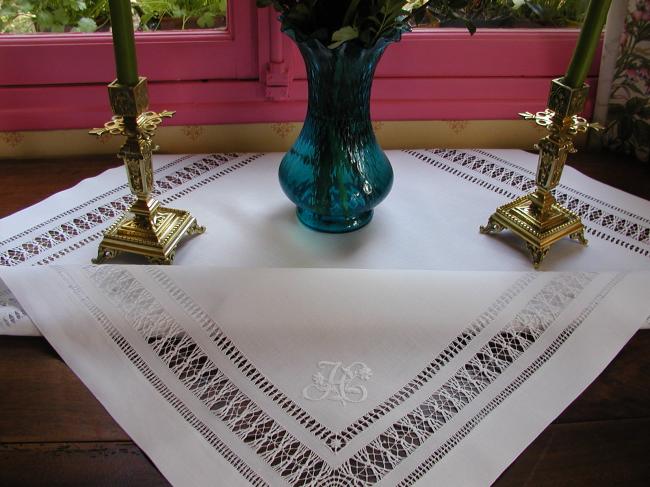 Wonderful drawn thread works tablecloth with a floral monogram H