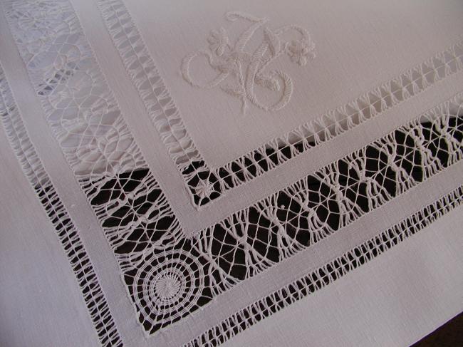 Wonderful drawn thread works tablecloth with a floral monogram H