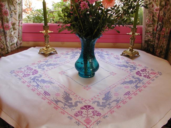 Stunning linen tablecloth with embroidered salamanders