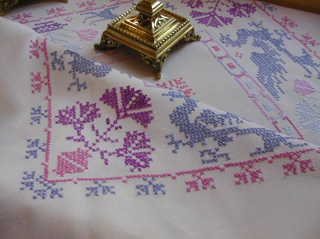 Stunning linen tablecloth with embroidered salamanders