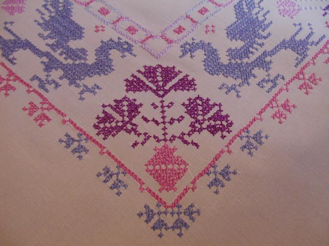 Stunning linen tablecloth with embroidered salamanders