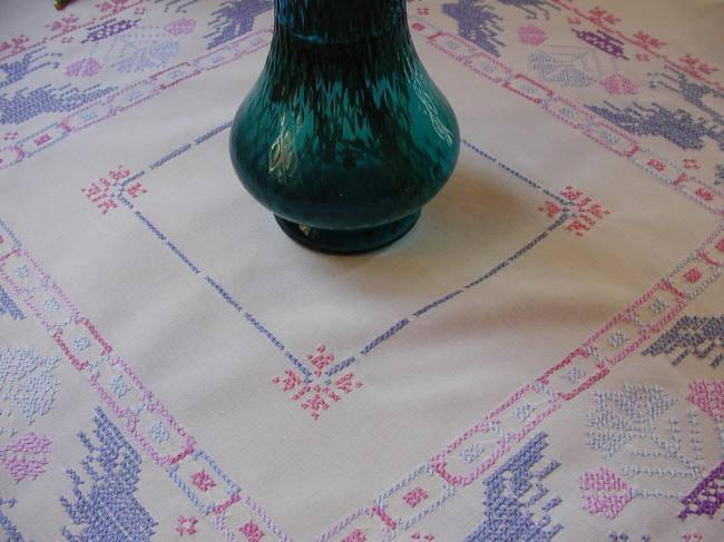 Stunning linen tablecloth with embroidered salamanders