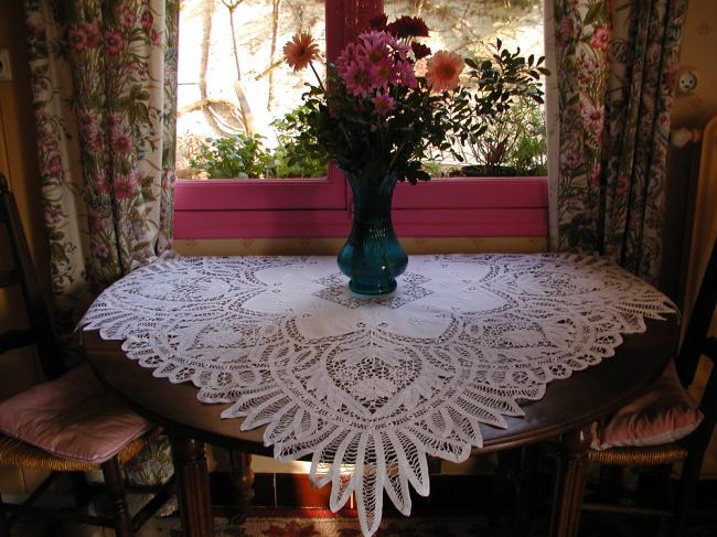 Exceptional tablecloth with battenburg tape lace and white & drawn thread works