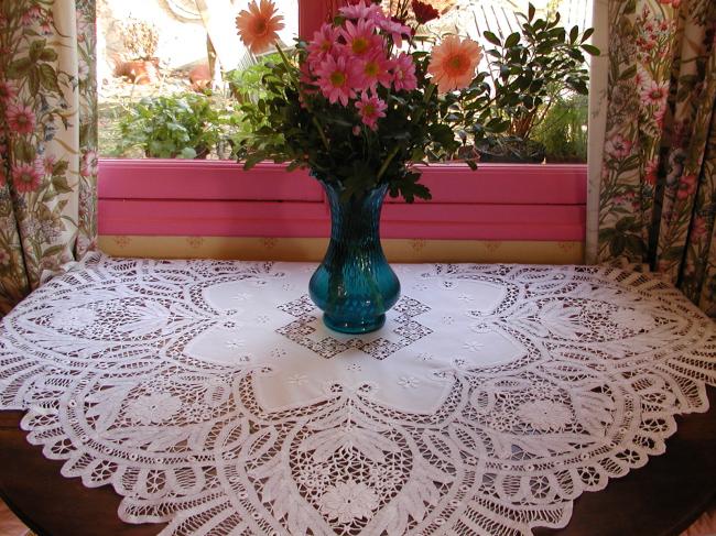 Exceptional tablecloth with battenburg tape lace and white & drawn thread works