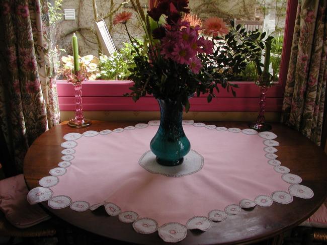 So original small pink linen tablecloth with inserts of bobbin lace