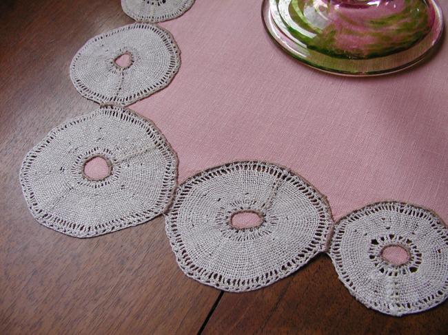 So original small pink linen tablecloth with inserts of bobbin lace