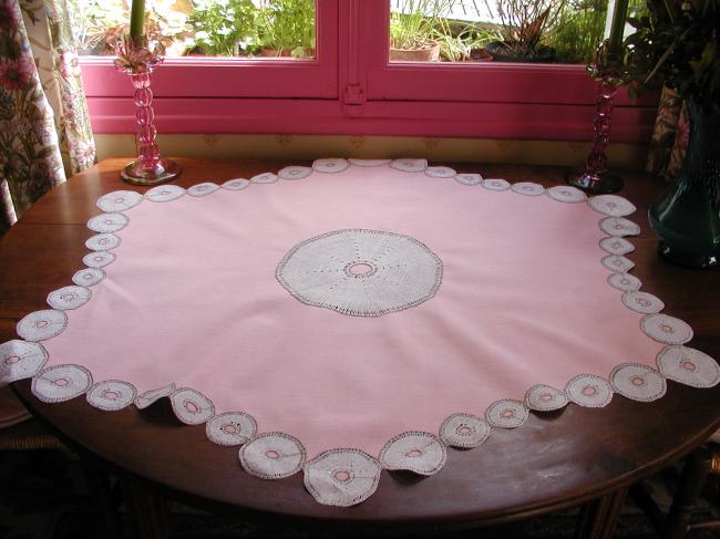 So original small pink linen tablecloth with inserts of bobbin lace