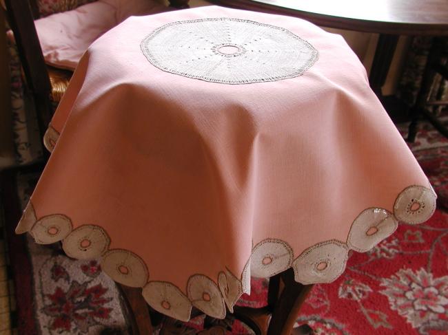 So original small pink linen tablecloth with inserts of bobbin lace