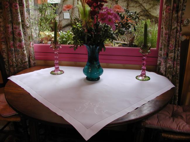 So lovely monogrammed irish linen tablecloth, with a large flowered H