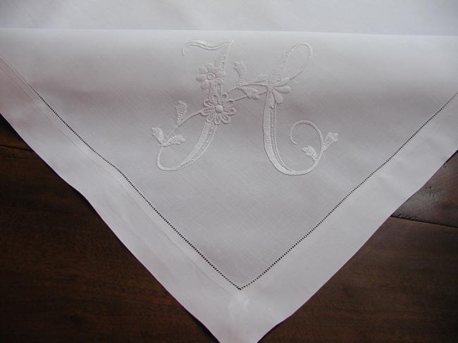 So lovely monogrammed irish linen tablecloth, with a large flowered H