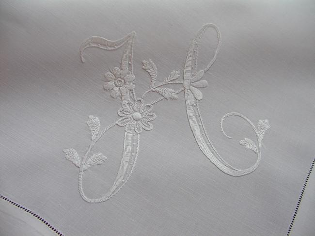 So lovely monogrammed irish linen tablecloth, with a large flowered H