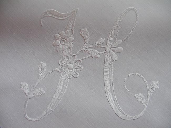 So lovely monogrammed irish linen tablecloth, with a large flowered H