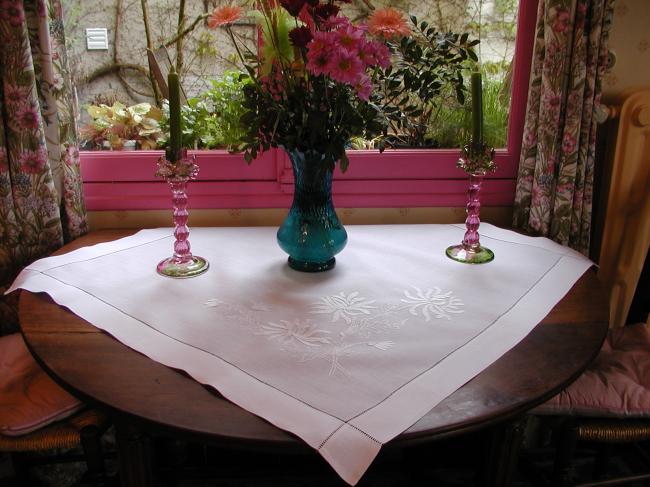 So lovely irish linen tablecloth with large embroidered knapweed flowers