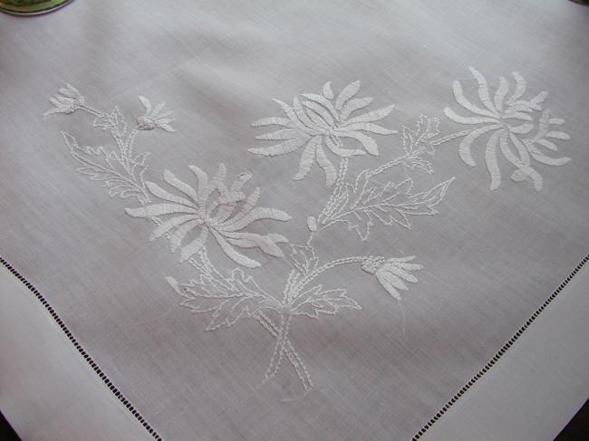 So lovely irish linen tablecloth with large embroidered knapweed flowers