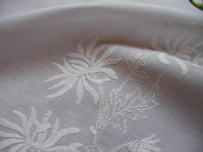 So lovely irish linen tablecloth with large embroidered knapweed flowers