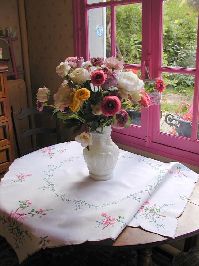 Breathtaking tablecloth with hand-embroidered blooming appletree