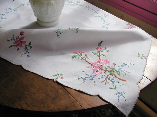 Breathtaking tablecloth with hand-embroidered blooming appletree