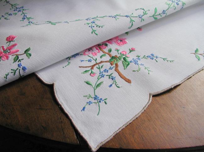 Breathtaking tablecloth with hand-embroidered blooming appletree