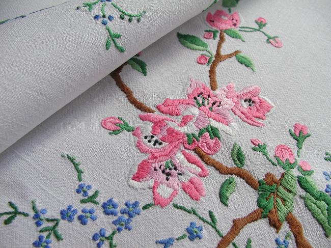 Breathtaking tablecloth with hand-embroidered blooming appletree