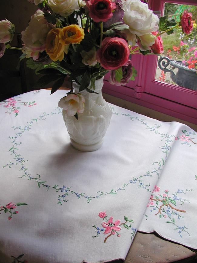 Breathtaking tablecloth with hand-embroidered blooming appletree