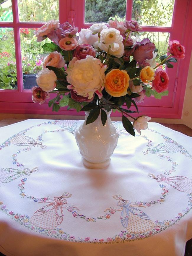 Breathtaking tablecloth with hand-embroidered crinoline ladies