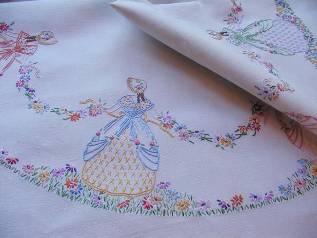 Breathtaking tablecloth with hand-embroidered crinoline ladies