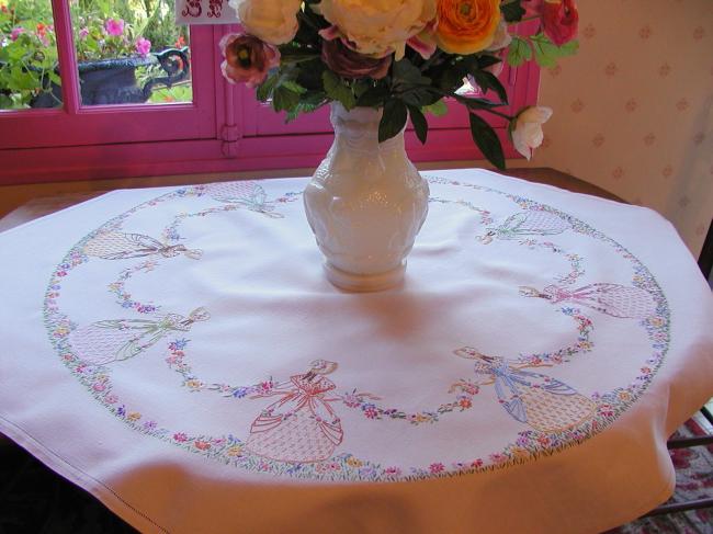 Breathtaking tablecloth with hand-embroidered crinoline ladies