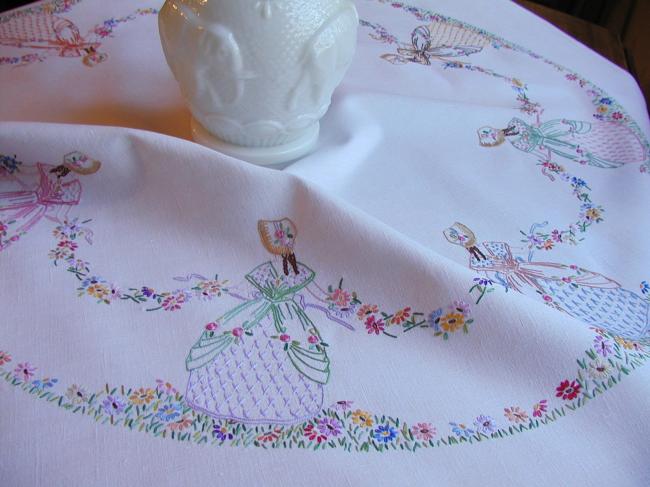 Breathtaking tablecloth with hand-embroidered crinoline ladies